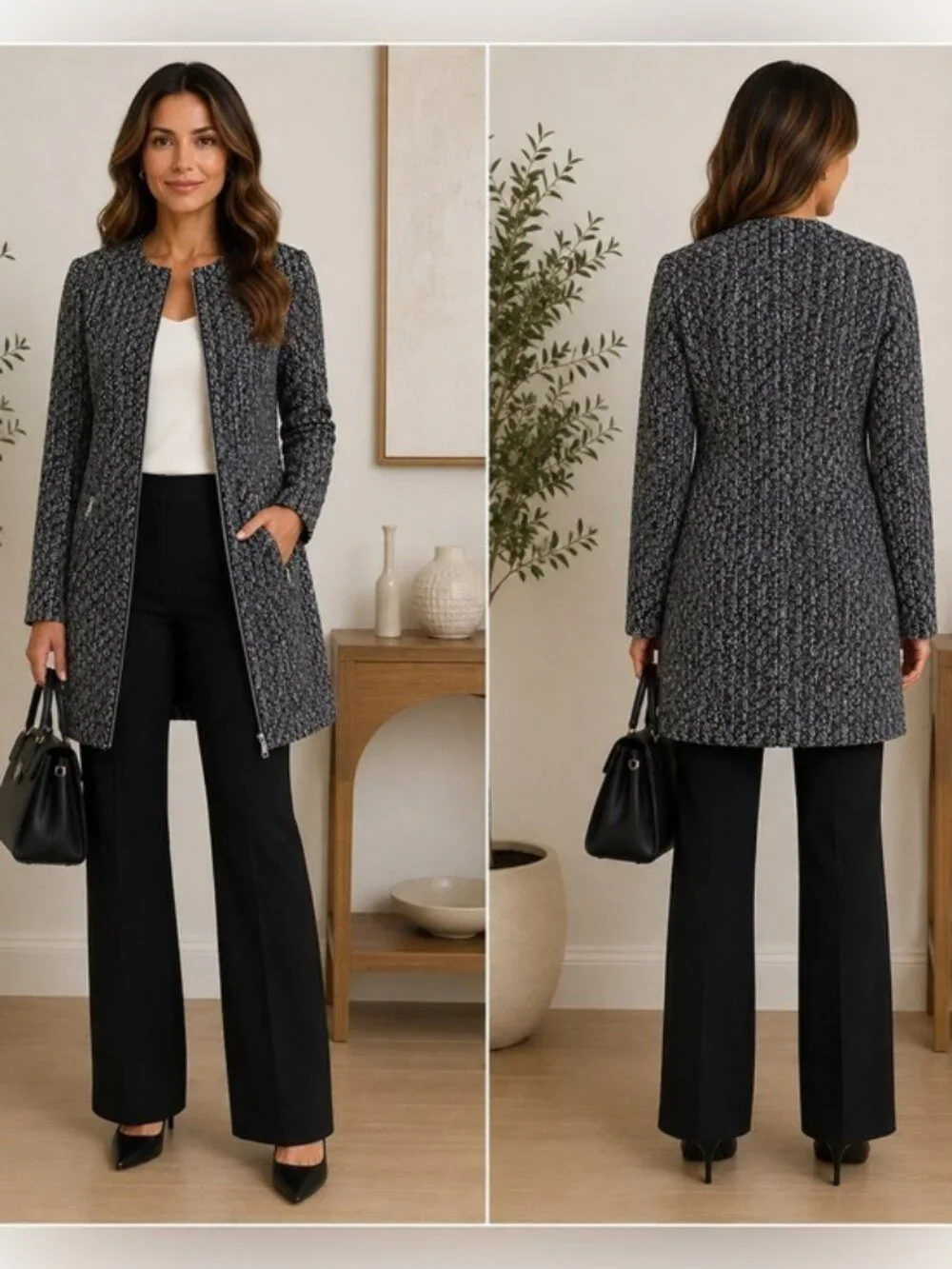 Zara Basic Black White Tweed Longline Coat Jacket Zip Pockets Size M